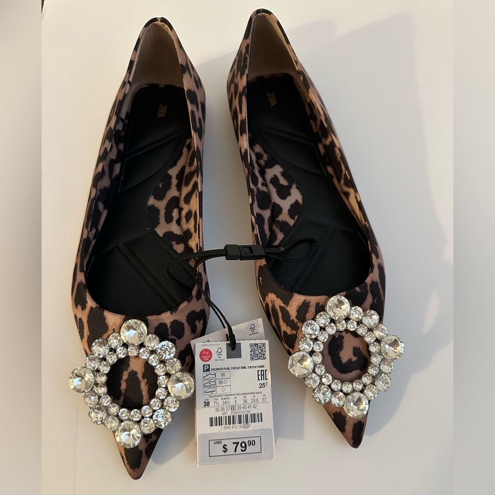 Zara Embellished Animal Print Ballet Flats | 38 (7.5) Size